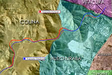 Click para ampliar: En rojo el trazado actual de la autopista, en azul el trazado original. Ilustración: I. Municipalidad de Huechuraba.